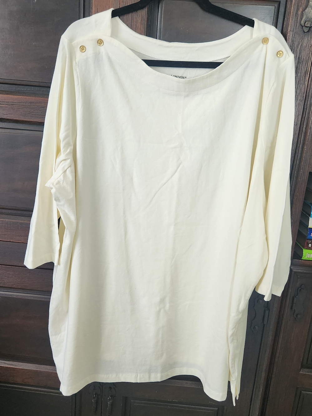 Jessica London Ivory Boatneck Long Sleeve Top with Shoulder Buttons